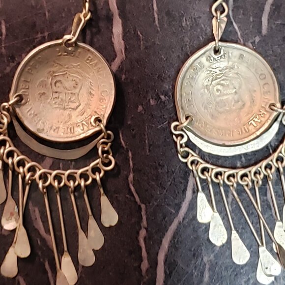 Vintage.Handcrafted ,Coin Earrings.Honoring Tupac Amaru, Peruvian revolutionary. - Picture 2 of 2